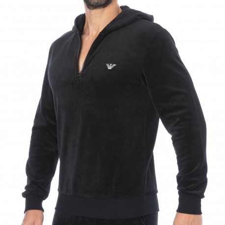 Emporio Armani Sweat-Shirt à Capuche Ribbed Chenille Noir