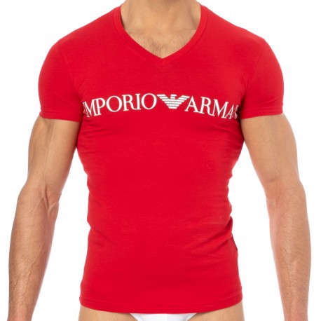Emporio Armani T-Shirt Col V Megalogo Coton Rouge