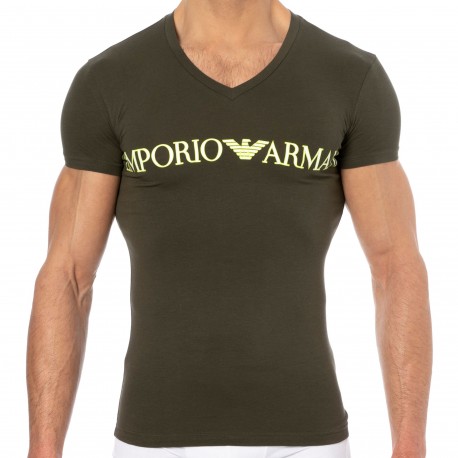 Emporio Armani T-Shirt Col V Megalogo Coton Vert Kaki
