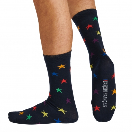Garcon Francais Rainbow Stars Cotton Dress Socks - Navy