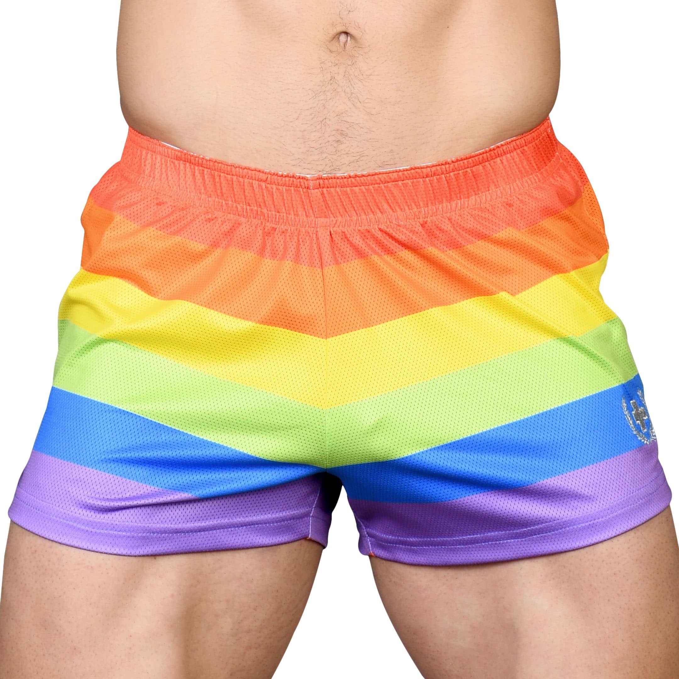 Andrew Christian Ultra Pride Mesh Jogger Shorts - Rainbow Stripe