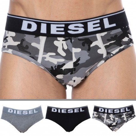 Diesel Lot de 3 Slips Coton Camouflage Gris - Noir