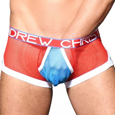 Andrew Christian Almost Naked Retro Mesh Trunks - Red - Electric Blue