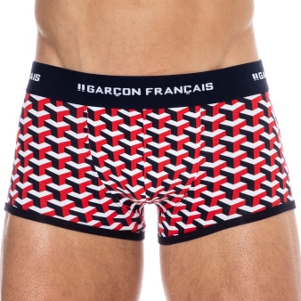 Boxer Court Coton Géométrique Bleu Marine Garçon Français