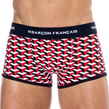 Boxer Court Coton Géométrique Bleu Marine Garçon Français