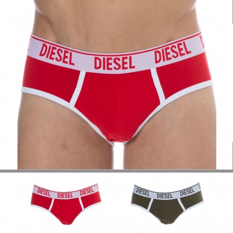Diesel 2-Pack Contrast Cotton Briefs - Red - Khaki