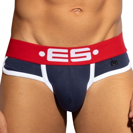 ES Collection Double Side Bottomless Cotton Briefs - Navy - Red