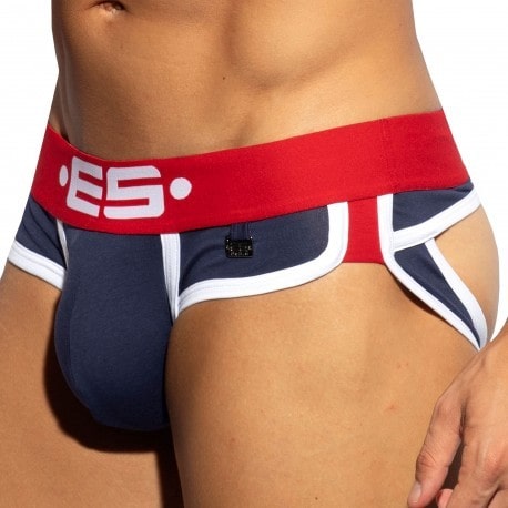 ES Collection Double Side Bottomless Cotton Briefs - Navy - Red