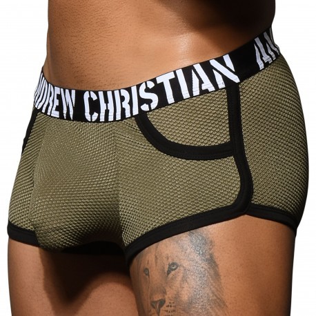 Andrew Christian Almost Naked Military Mesh Pocket Trunks - Olive Green