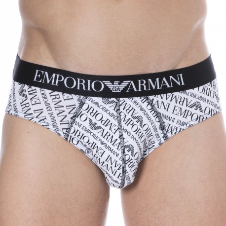 Emporio Armani All Over Logo Cotton Briefs - White