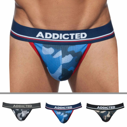 Addicted Lot de 3 Strings Camo Mesh Push Up Kaki - Gris - Bleu