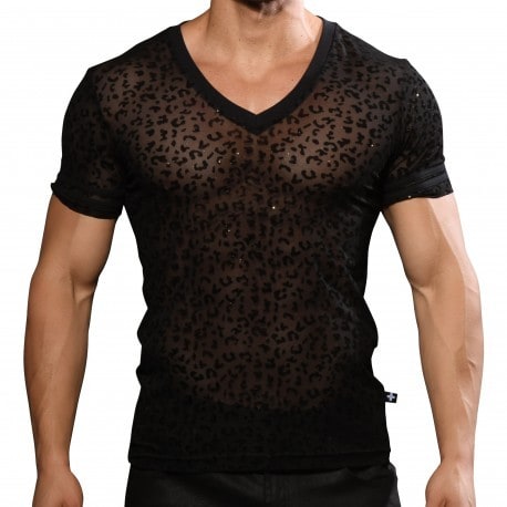 Andrew Christian T-Shirt Sheer Glitter Léopard Noir