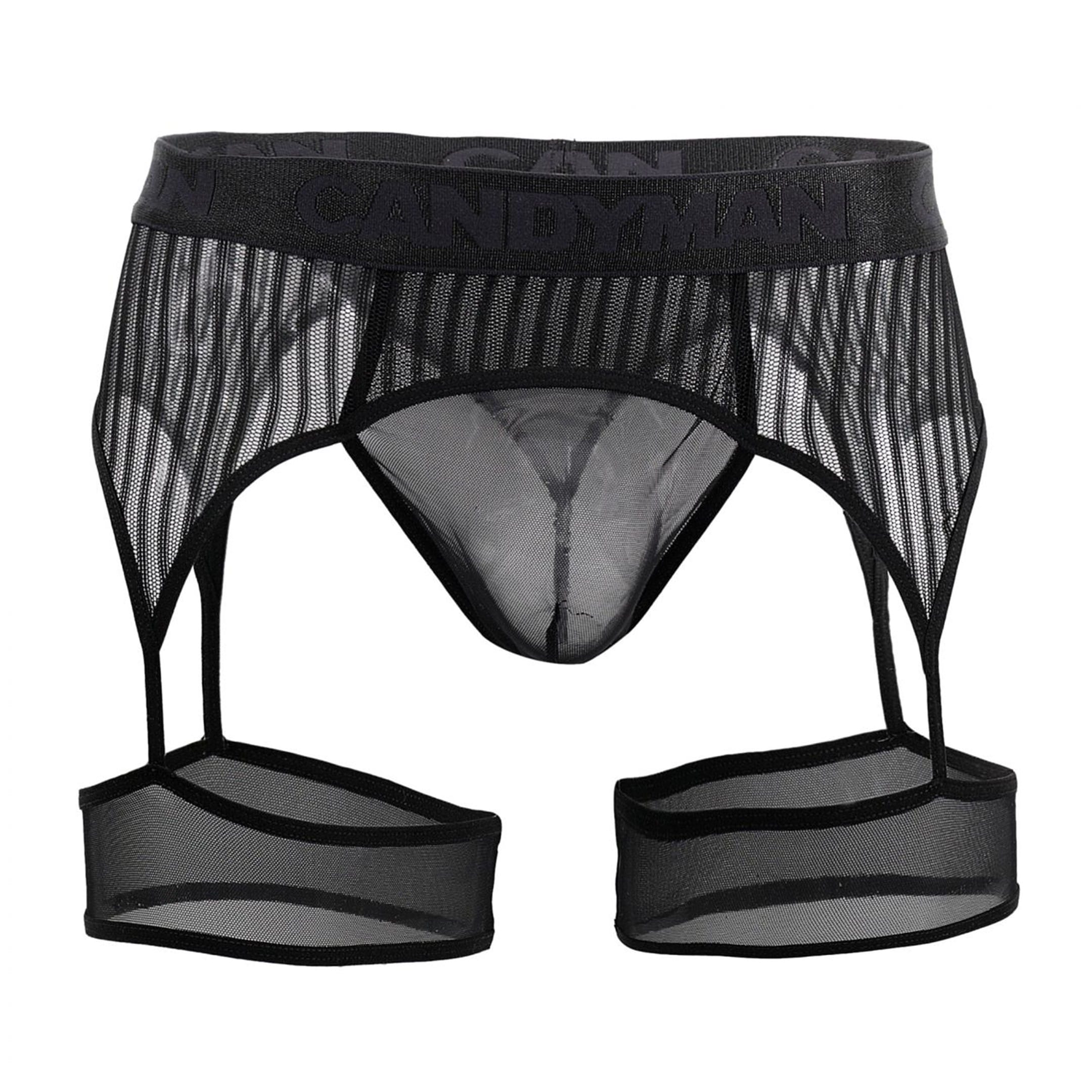 CandyMan Striped Garterbelt Thong - Black | INDERWEAR