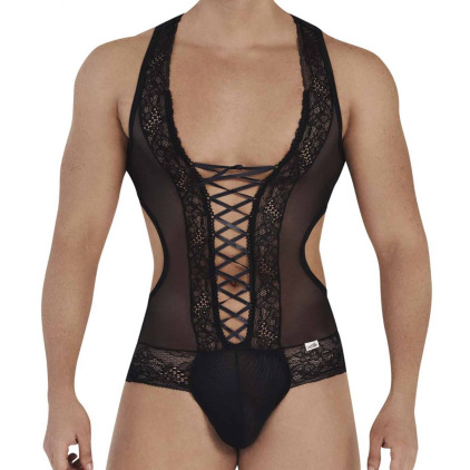 CandyMan Body String Résille Dentelle et Lacets Noir