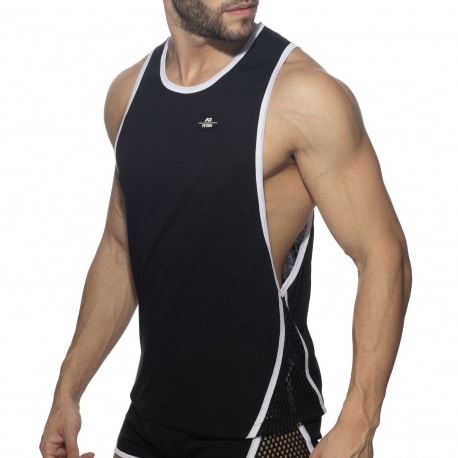 AD Fetish Mesh-Striped Low Rider Tank Top - Black - White