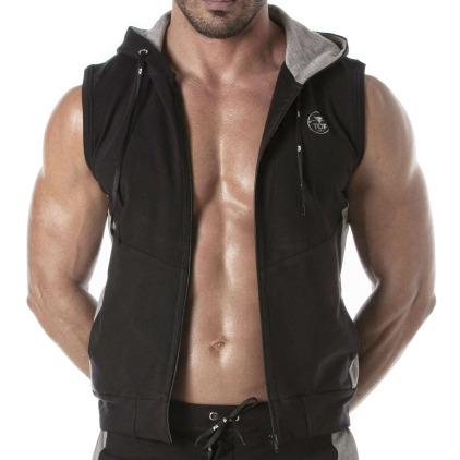 TOF Paris Veste à Capuche Sans Manche Noire TOF Paris Veste à Capuche Sans Manche Noire