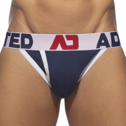 Slip Tanga Open Fly Coton Bleu Marine - Blanc Addicted
