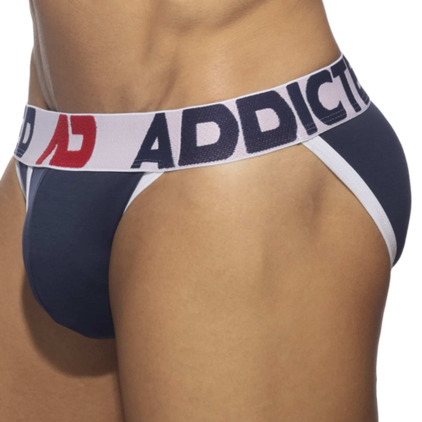 Slip Tanga Open Fly Coton Bleu Marine - Blanc Addicted