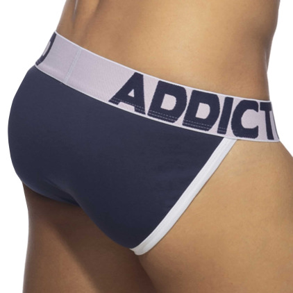 Slip Tanga Open Fly Coton Bleu Marine - Blanc Addicted