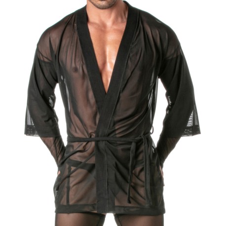 Men Sexy See-Through Night-Robe Lace Short Sleeve Cardigan Bathrobe  Nightwear
