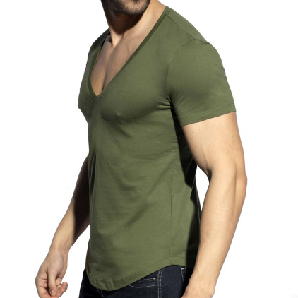 T-Shirt Col V Plongeant Kaki ES Collection