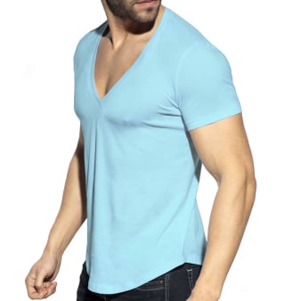 T-Shirt Col V Plongeant Bleu Ciel ES Collection