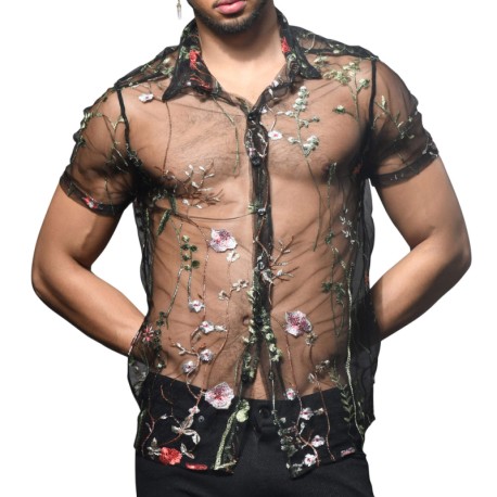 Andrew Christian Sheer Embroidered Lace Shirt - Black