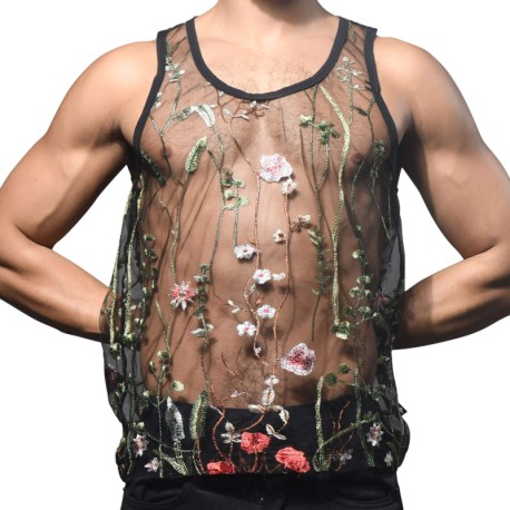 Andrew Christian Sheer Embroidered Lace Tank Top - Black