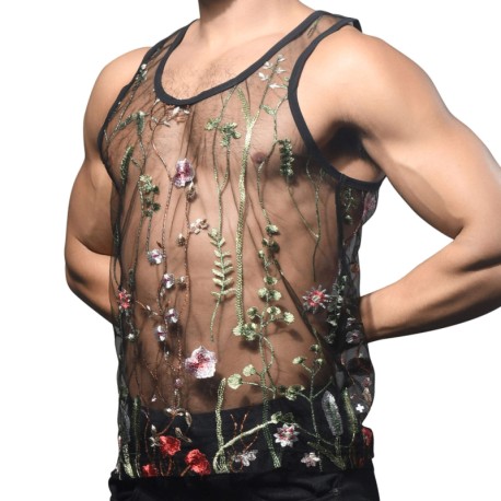 Andrew Christian Sheer Embroidered Lace Tank Top - Black