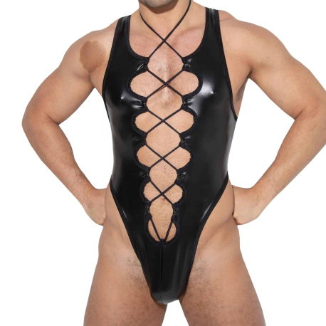 Omohonia Maxx Faux Leather Thong Bodysuit - Black