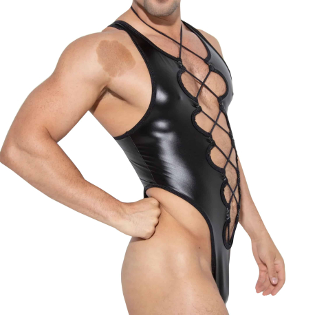 Omohonia Maxx Faux Leather Thong Bodysuit - Black