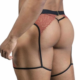 Ensemble Jarretière - String Ficelle Dentelle Terracotta CandyMan