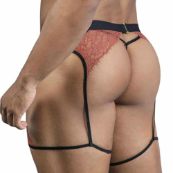 Ensemble Jarretière - String Ficelle Dentelle Terracotta CandyMan