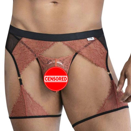 Ensemble Jarretière - String Ficelle Dentelle Terracotta CandyMan