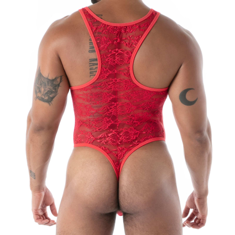 TOF Paris Fluid Lace Thong Bodysuit - Red