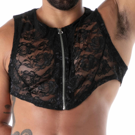 TOF Paris Fluid Lace Zipped Crop Top - Black