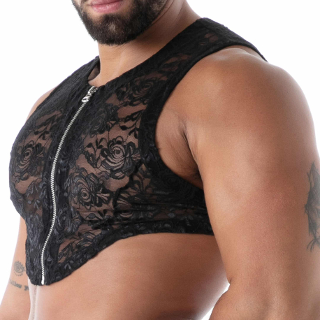 TOF Paris Fluid Lace Zipped Crop Top - Black