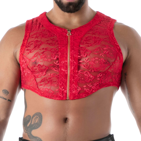 TOF Paris Fluid Lace Zipped Crop Top - Red