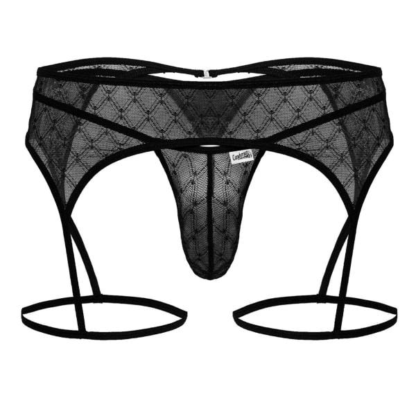 CandyMan Geometric Mesh Garter Thong - Black