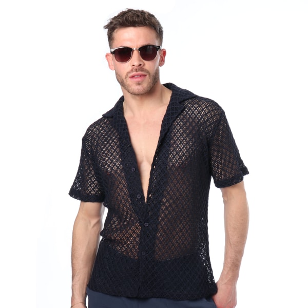Frilivin Openwork Knit Shirt - Navy