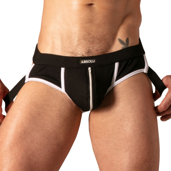 Absolu Male Rib Zipped Jock Briefs - Black