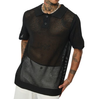 Frilivin Openwork Knit Polo Shirt - Black