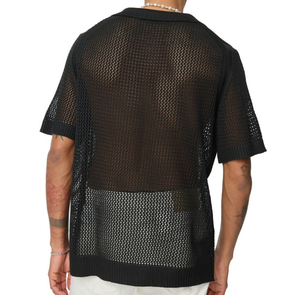 Frilivin Openwork Knit Polo Shirt - Black