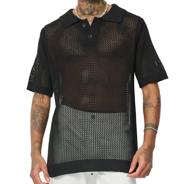 Polo Maille Ajourée Noir Frilivin