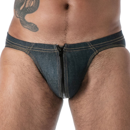 TOF Paris Raw Denim Zipped Bikini Briefs - Blue