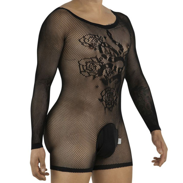 CandyMan Tatoo Long-Sleeve Fishnet Bodysuit - Black