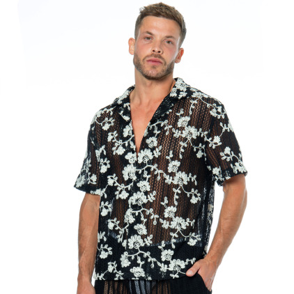 Frilivin Floral Embroidery Shirt - Black