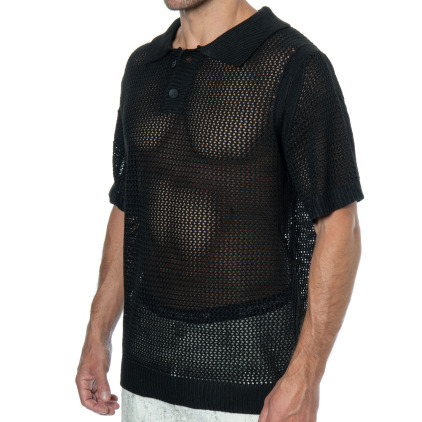 Frilivin Openwork Knit Polo Shirt - Black