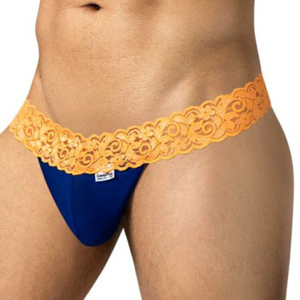 CandyMan Mesh Lace Thong - Blue - Neon Orange