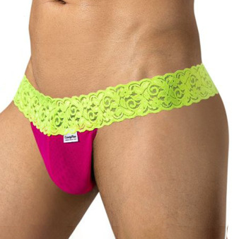 CandyMan Mesh Lace Thong - Pink - Neon Yellow
